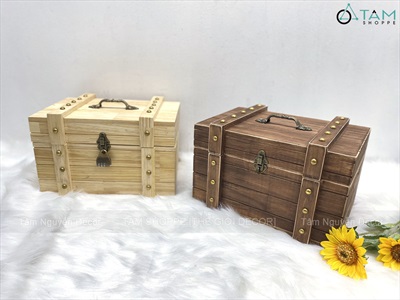 Rương gỗ viền nẹp đinh tán giả cổ 35cm (tặng ổ khoá) RUONG-GO-01